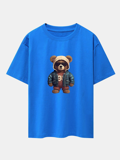 Bear In Leather Jacket Print Drop Shoulder Oversize T-Shirt