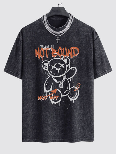 Slogan Graffiti Bear Print Washed Drop Shoulder Oversize T-Shirt