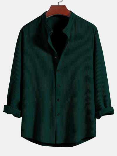 Long Sleeve Muscle Fit Ribbed Stand Collar Shirt