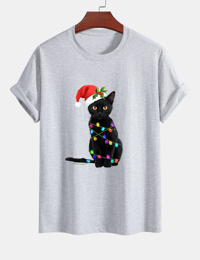 Regular Fit Christmas Lights Cat Print Cotton T-Shirt