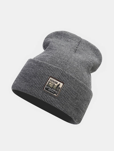 Solid Color Slogan Patch Knit Beanie Hat