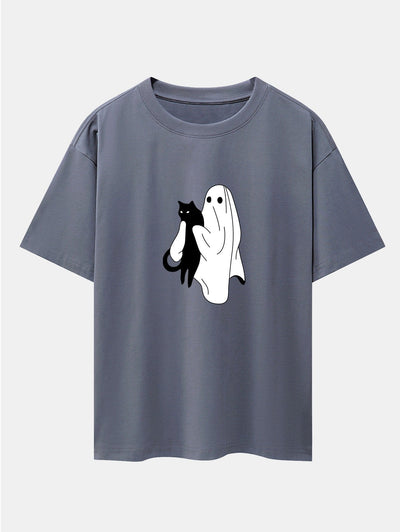 Ghost Black Cat Print Drop Shoulder Oversize T-Shirt