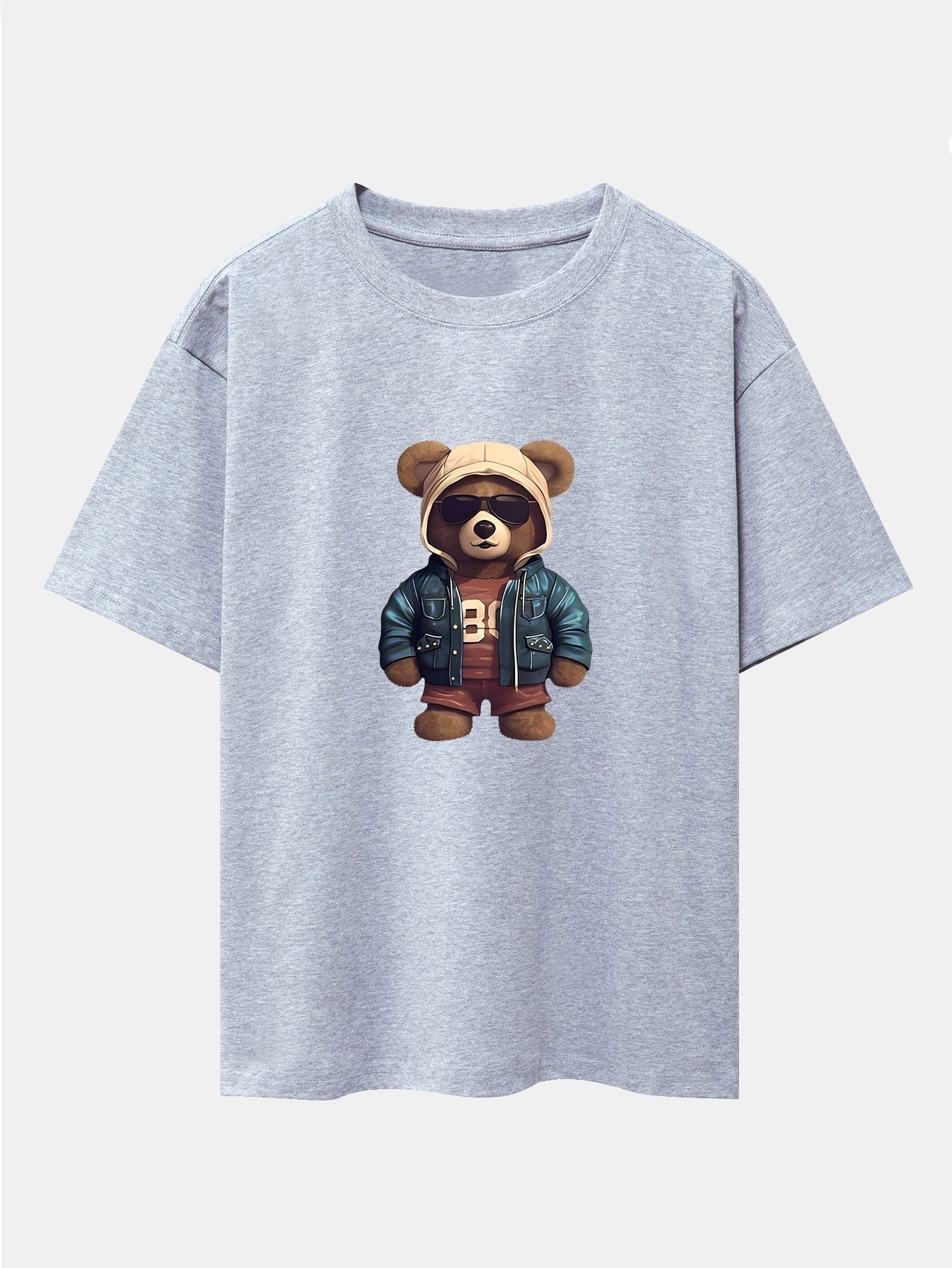 Bear In Leather Jacket Print Drop Shoulder Oversize T-Shirt
