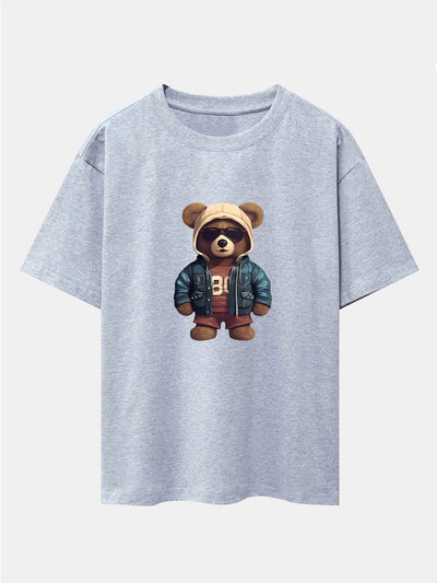 Bear In Leather Jacket Print Drop Shoulder Oversize T-Shirt