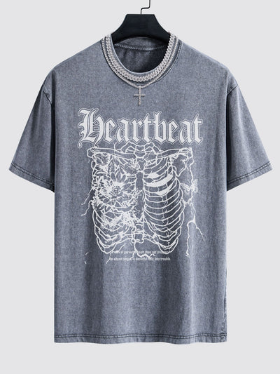 Slogan Skeleton Print Washed Drop Shoulder Oversize T-Shirt