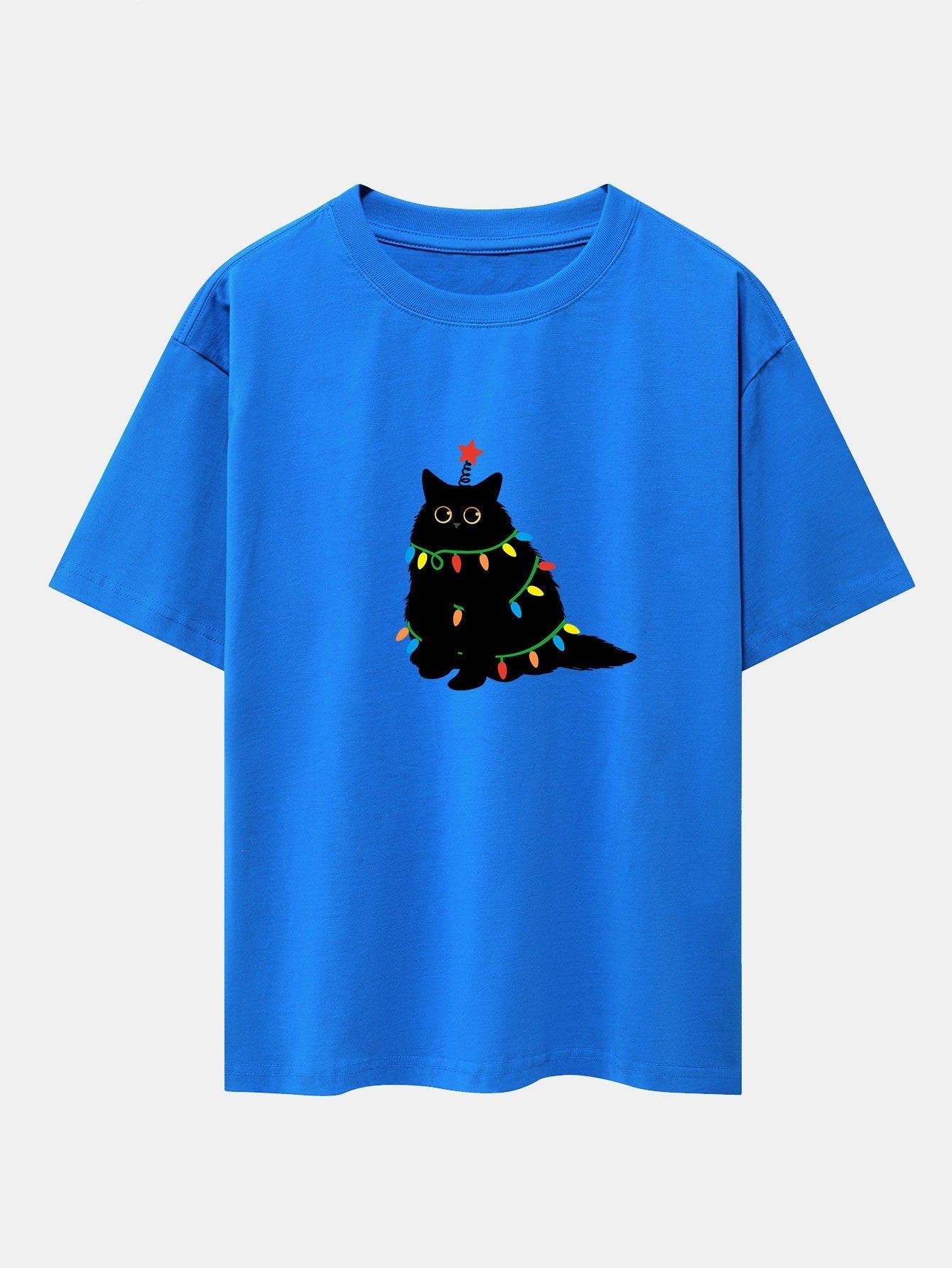 Christmas Lights Black Cat Print Drop Shoulder Oversize T-Shirt