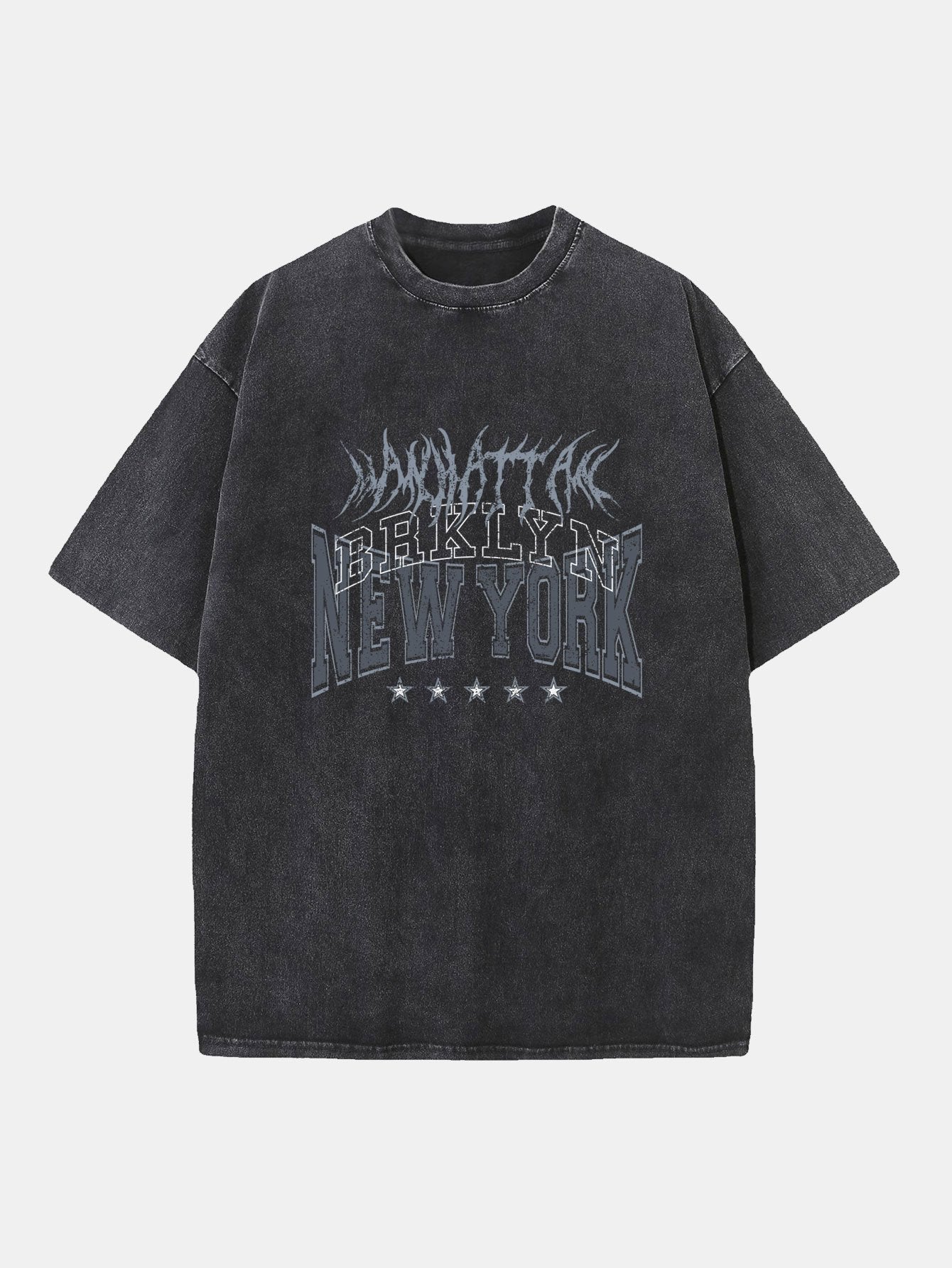 New York Gothic Print Washed Distressed Drop Shoulder T-Shirt