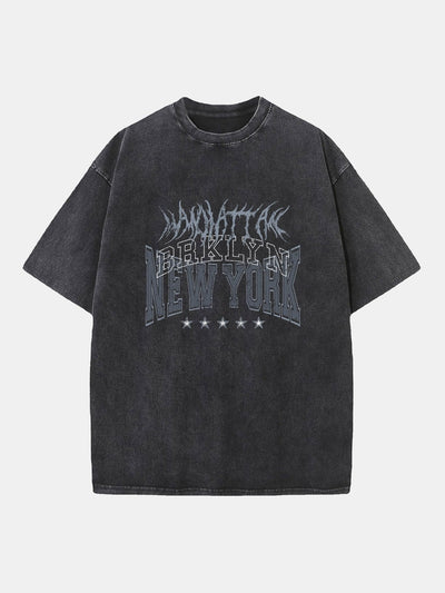 New York Gothic Print Washed Distressed Drop Shoulder T-Shirt