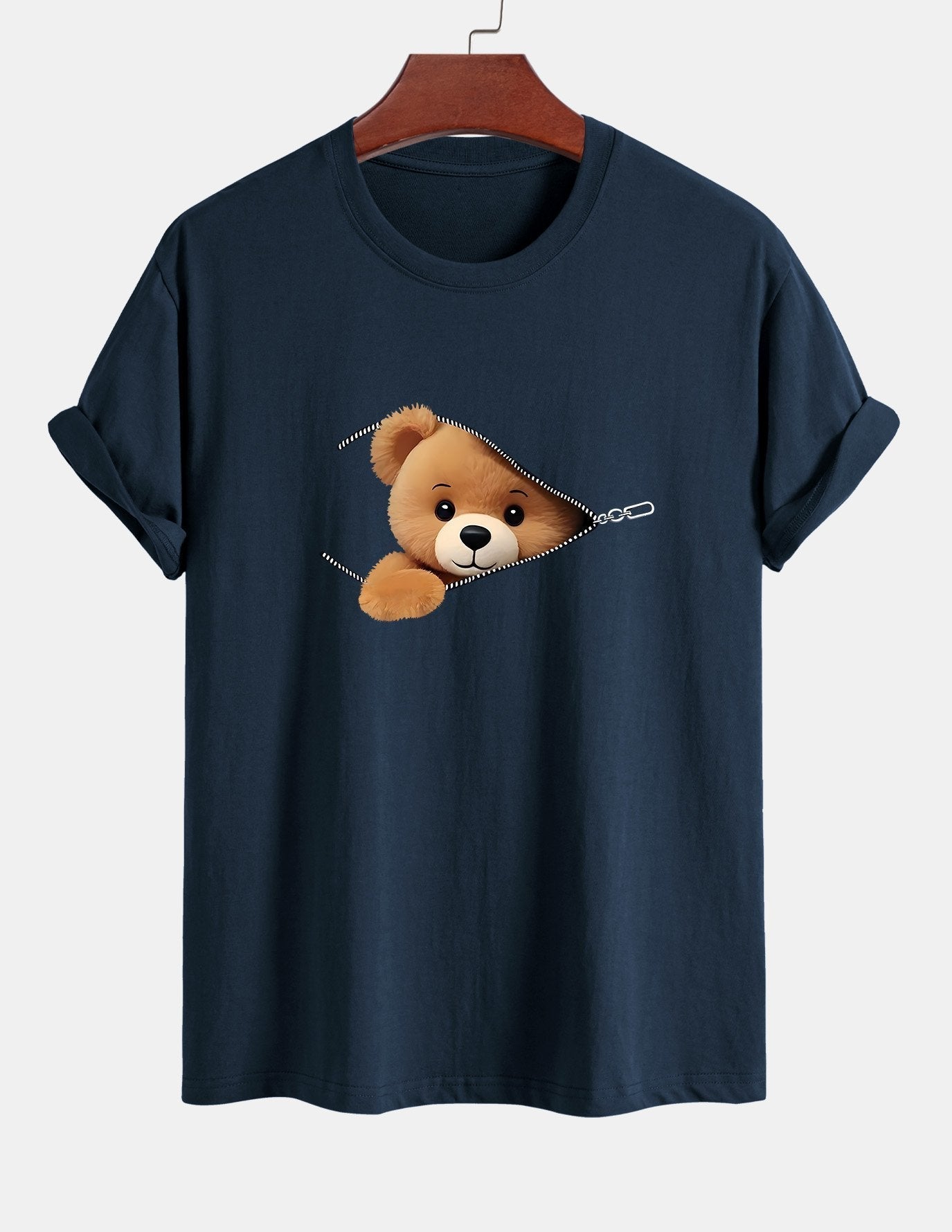 Regular Fit Zipper Bear Print Cotton T-Shirt