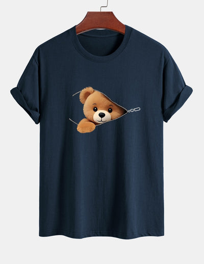 Regular Fit Zipper Bear Print Cotton T-Shirt