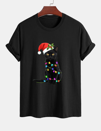 Regular Fit Christmas Lights Cat Print Cotton T-Shirt