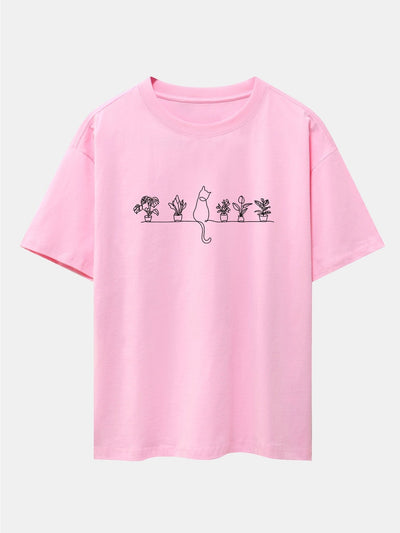 Cat Potted Plant Print Drop Shoulder Oversize T-Shirt