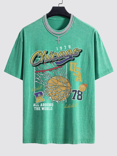 Chicago Basketball Print Washed Drop Shoulder Oversize T-Shirt