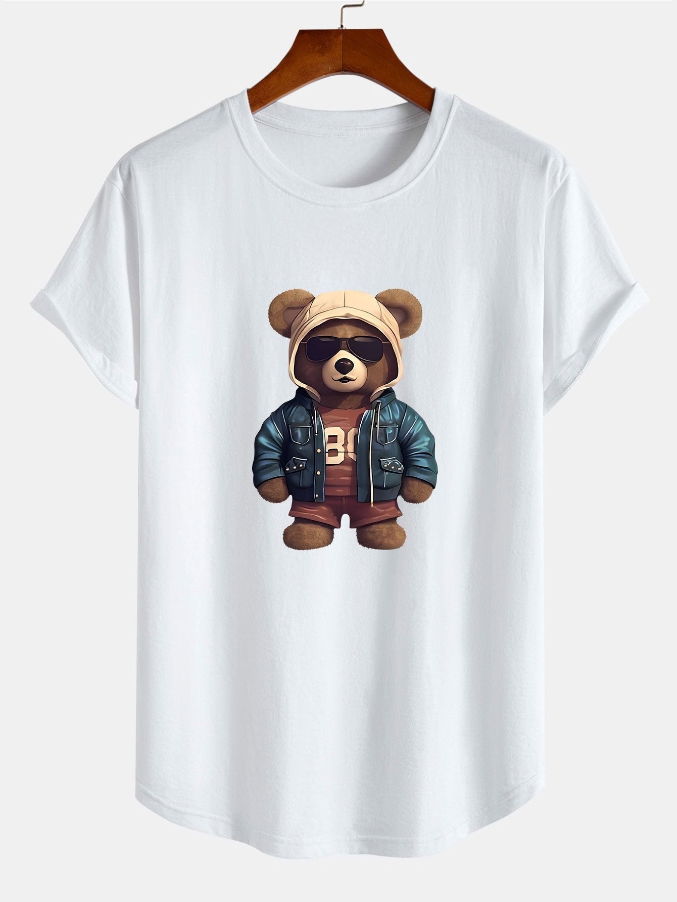 Bear In Leather Jacket Print Cotton Arc Hem T-Shirt