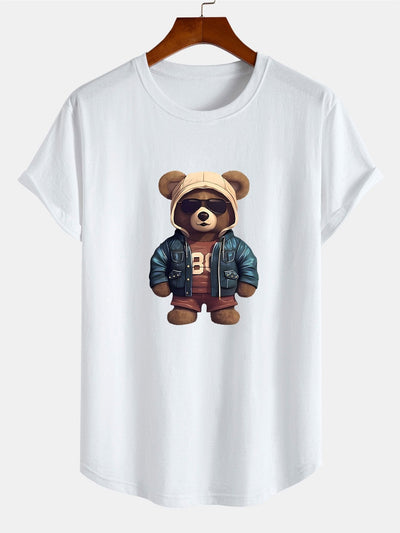 Bear In Leather Jacket Print Cotton Arc Hem T-Shirt