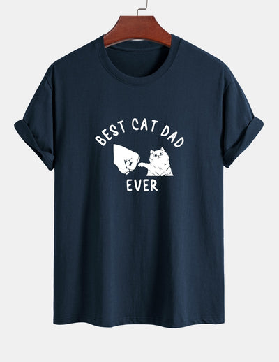 Regular Fit Best Cat Dad Ever Print Cotton T-Shirt
