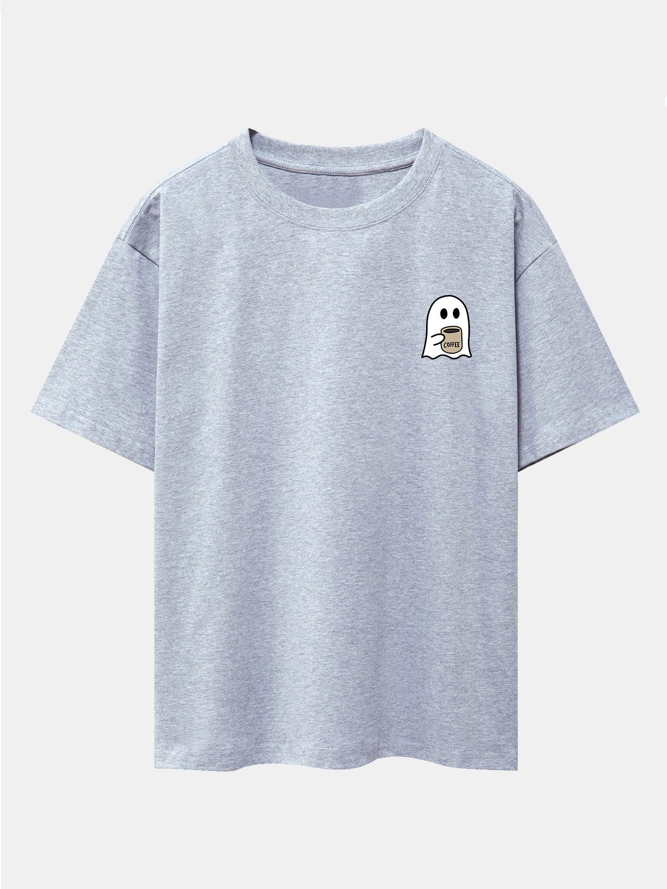 Ghost Drinking Coffee Print Drop Shoulder Oversize T-Shirt