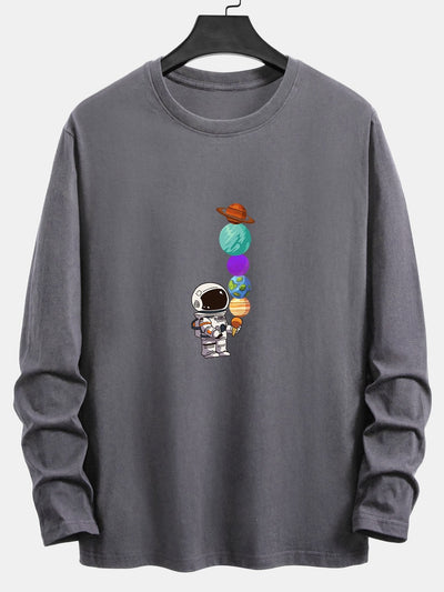 Long Sleeve Planet Astronaut Print Cotton T-Shirt