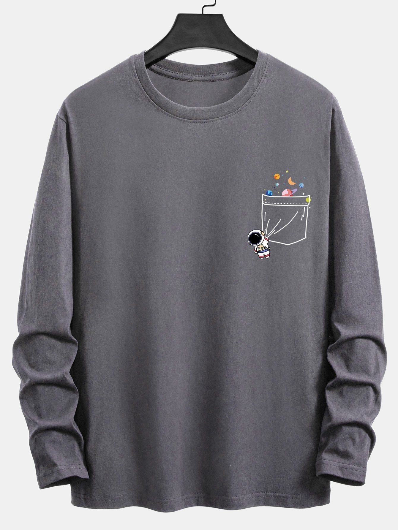 Long Sleeve Pocket Planet Astronaut Print Cotton T-Shirt