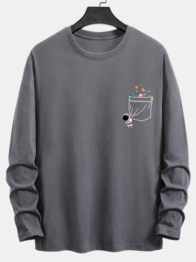 Long Sleeve Pocket Planet Astronaut Print Cotton T-Shirt