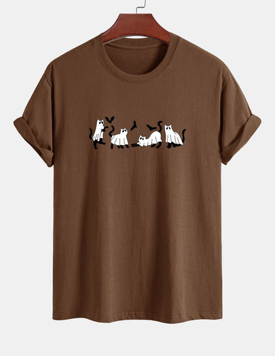 Regular Fit Black Cat Ghost Print Cotton T-Shirt