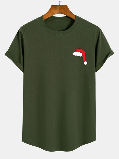 Santa Hat Print Cotton Arc Hem T-Shirt