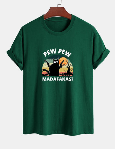 Regular Fit PEW PEW MADAFAKAS Black Cat Print Cotton T-Shirt