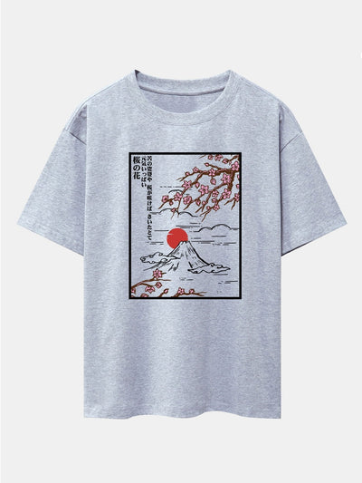 Cherry Blossoms Mountain Print Drop Shoulder Oversize T-Shirt