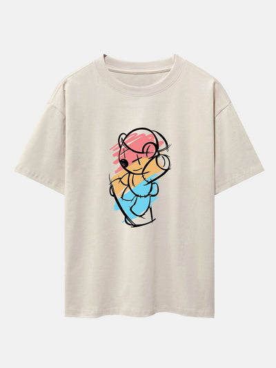 Graffiti Skateboard Bear Print Drop Shoulder Oversize T-Shirt