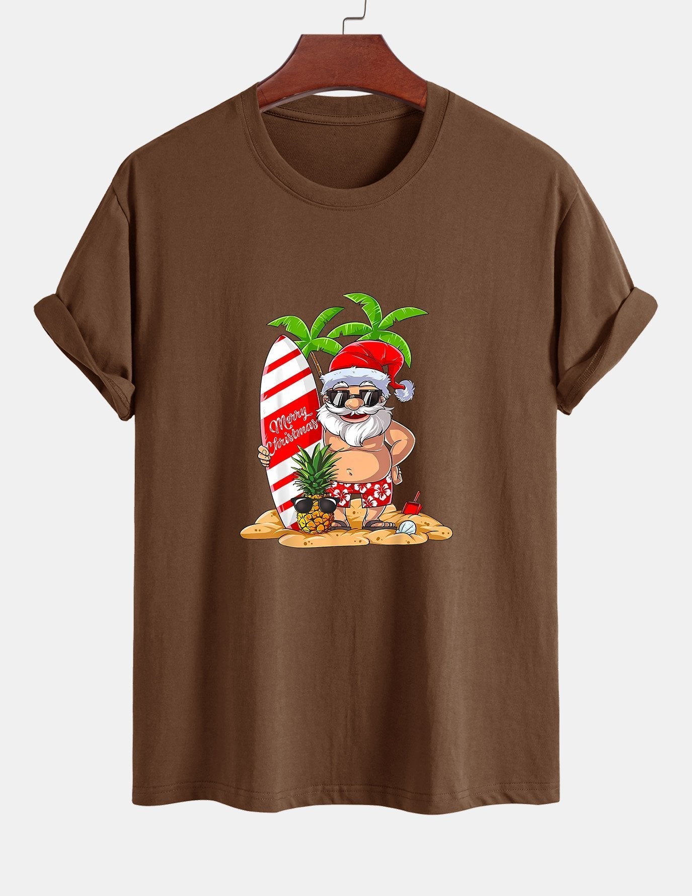Regular Fit Summer Beach Santa Print Cotton T-Shirt