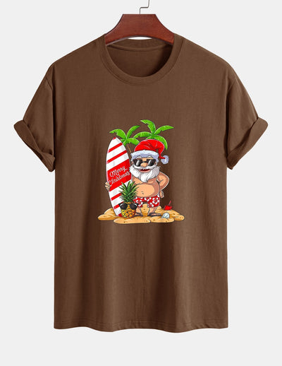 Regular Fit Summer Beach Santa Print Cotton T-Shirt