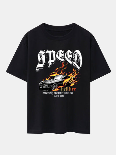 Speed Car Flame Print Drop Shoulder Oversize T-Shirt