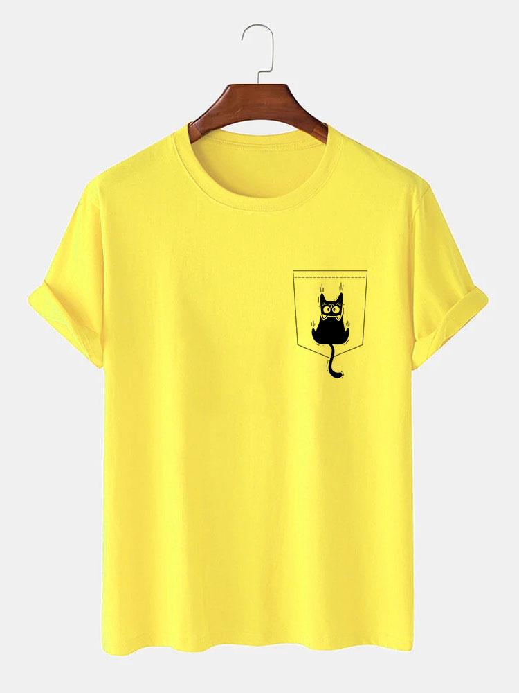 Cat Slipping Out Of Pocket Print T-Shirt