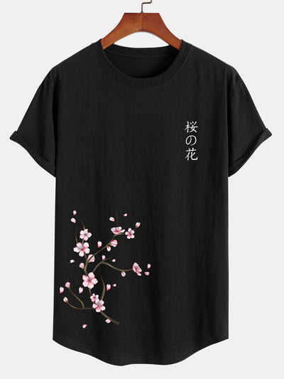 Japanese Cherry Blossoms Print Cotton Arc Hem T-Shirt