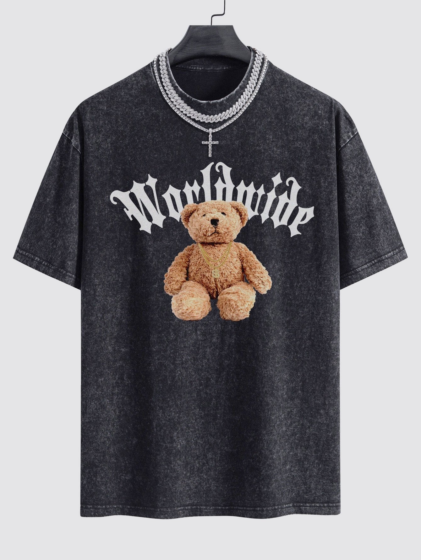 Bear Print Washed Drop Shoulder Oversize T-Shirt