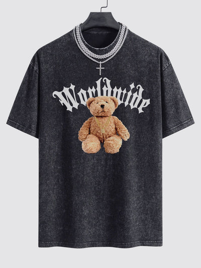 Bear Print Washed Drop Shoulder Oversize T-Shirt