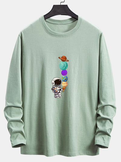 Long Sleeve Planet Astronaut Print Cotton T-Shirt