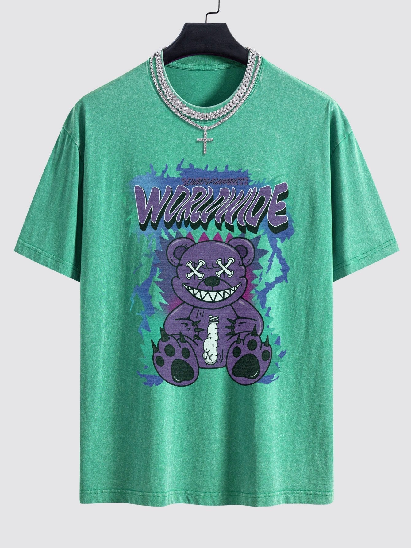 Tattered Bear Print Washed Drop Shoulder Oversize T-Shirt