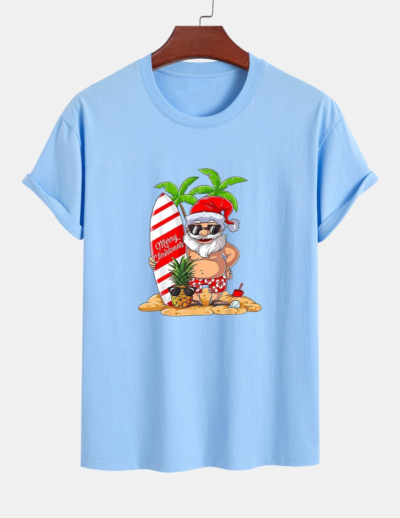 Regular Fit Summer Beach Santa Print Cotton T-Shirt