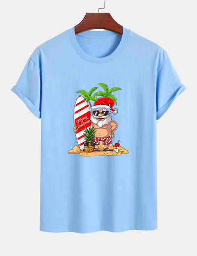 Regular Fit Summer Beach Santa Print Cotton T-Shirt