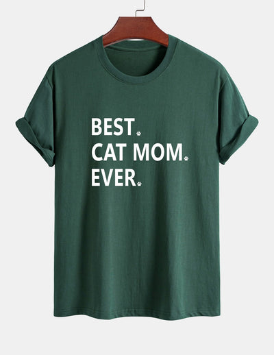 Regular Fit Best Cat Mom Ever Print Cotton T-Shirt