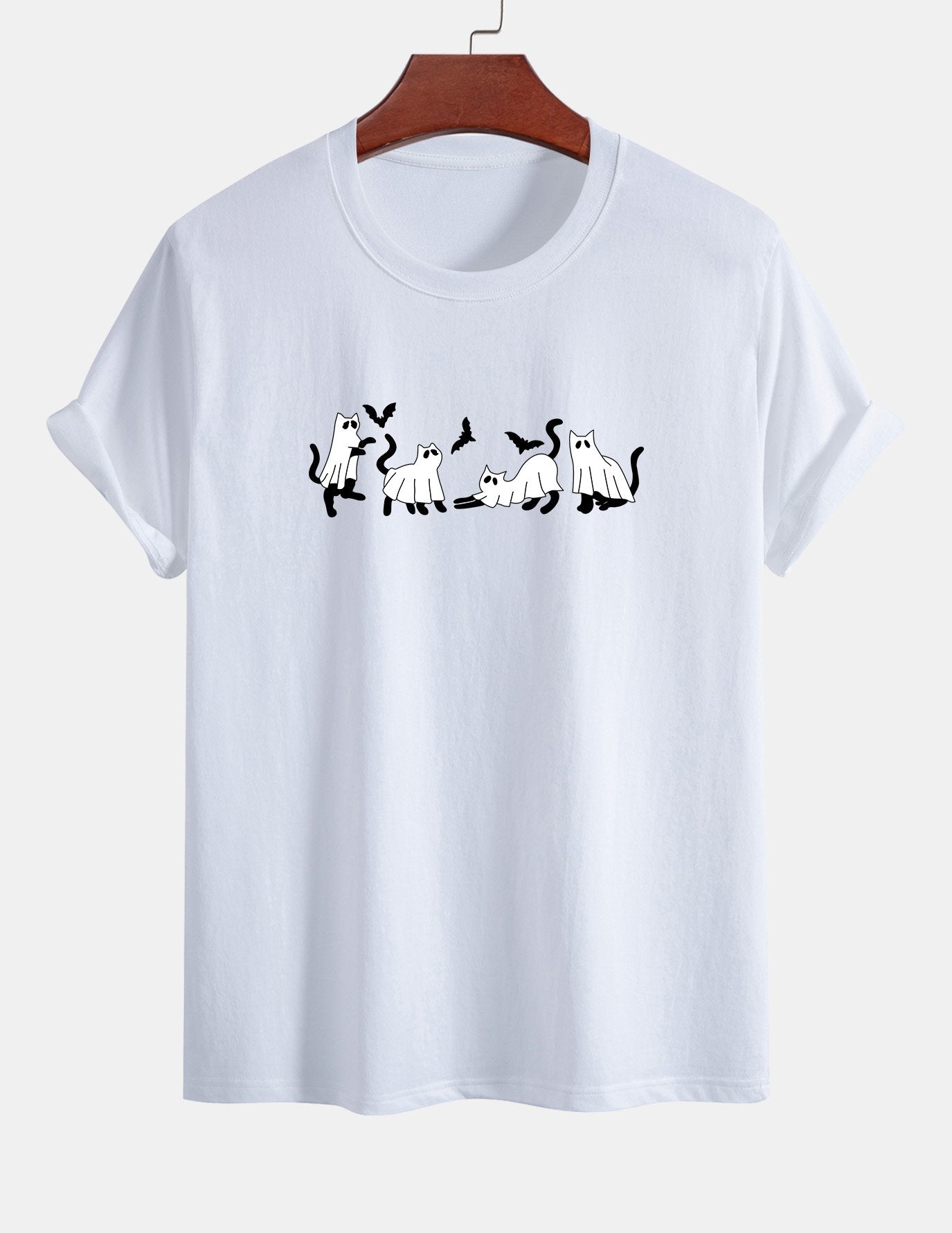 Regular Fit Black Cat Ghost Print Cotton T-Shirt
