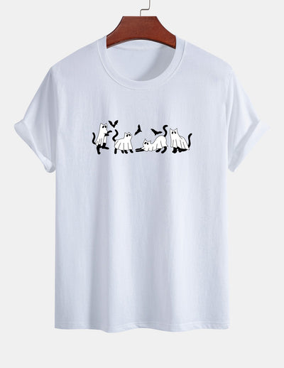 Regular Fit Black Cat Ghost Print Cotton T-Shirt