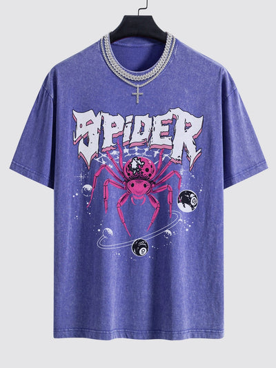 Spider Print Washed Drop Shoulder Oversize T-Shirt
