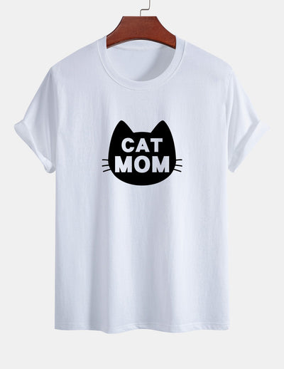 Regular Fit Cat Mom Print Cotton T-Shirt