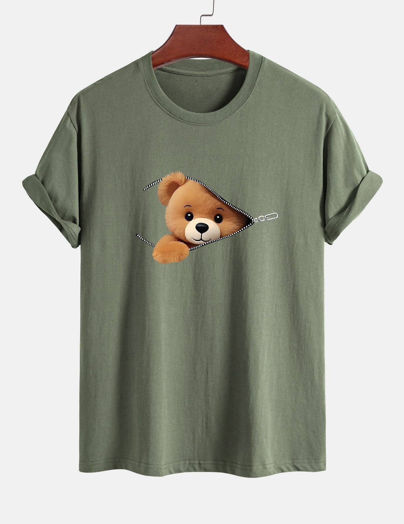Regular Fit Zipper Bear Print Cotton T-Shirt