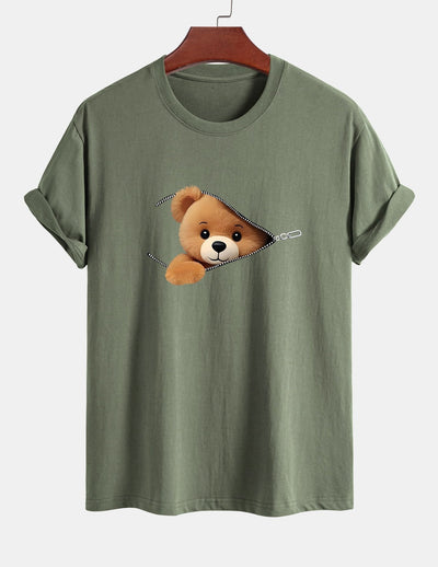 Regular Fit Zipper Bear Print Cotton T-Shirt
