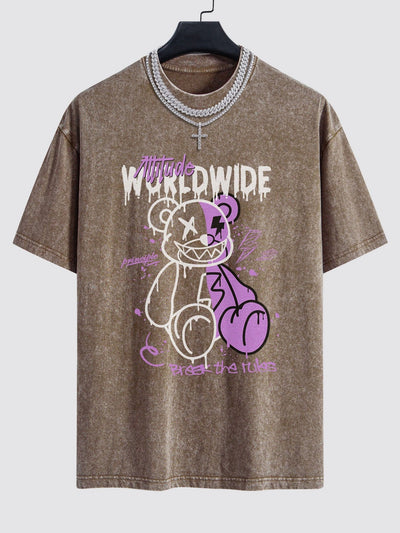 Dissolving Bear Print Washed Drop Shoulder Oversize T-Shirt
