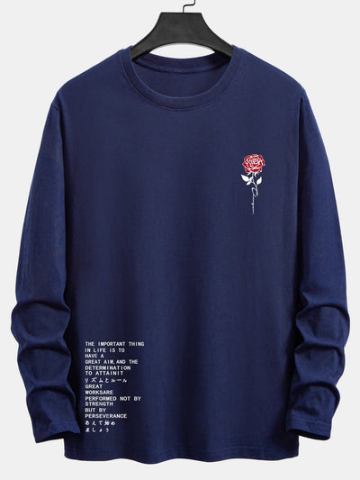 Long Sleeve Slogon Rose Print Cotton T-Shirt