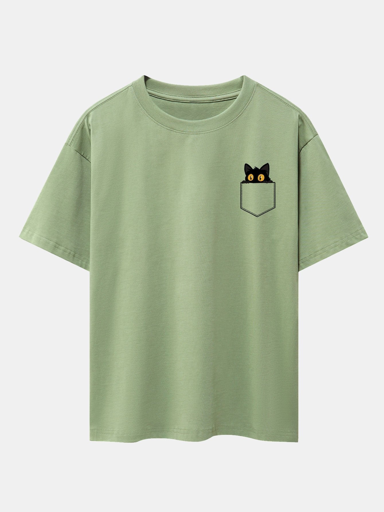 Pocket Black Cat Print Drop Shoulder Oversize T-Shirt